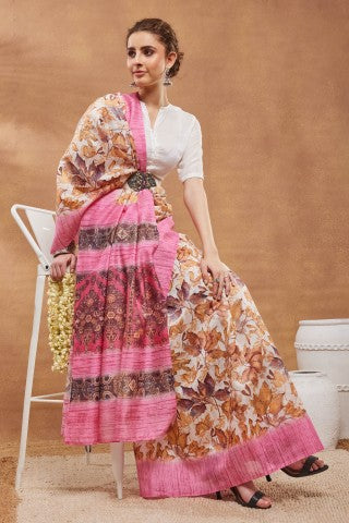 Pink Floral Printed Silk Blend Party Wear Saree