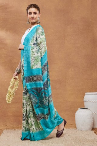 Sky Blue Floral Printed Silk Blend Party Wear Saree