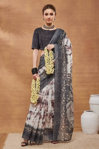 Grey Color Abstract Printed Silk Blend Designer Saree