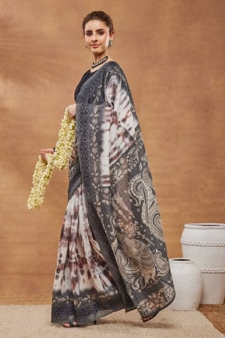 Grey Color Abstract Printed Silk Blend Designer Saree