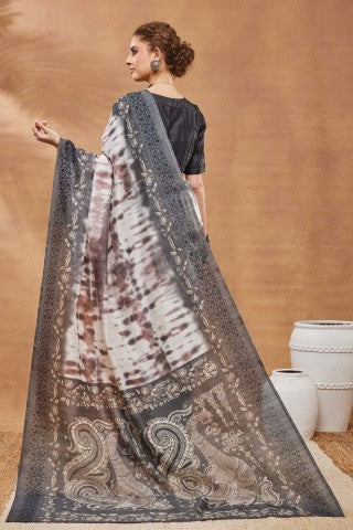 Grey Color Abstract Printed Silk Blend Designer Saree