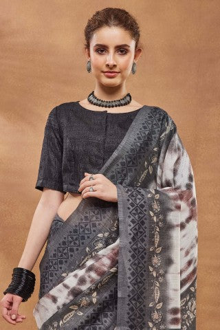 Grey Color Abstract Printed Silk Blend Designer Saree