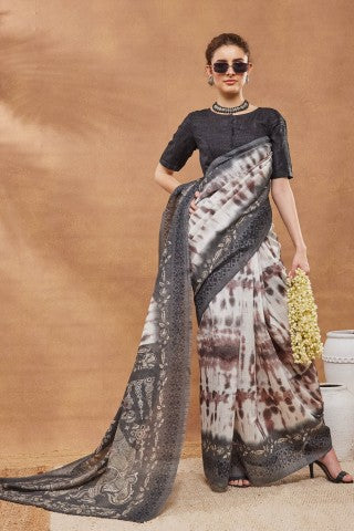 Grey Color Abstract Printed Silk Blend Designer Saree