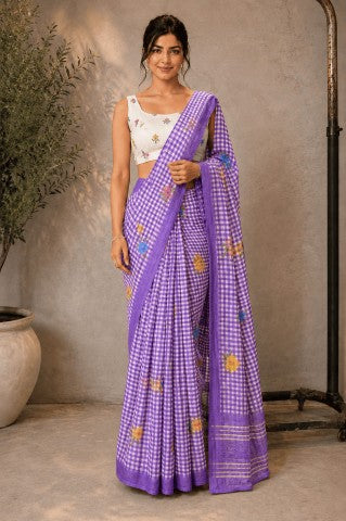 Purple Floral Checked Linen Blend Party Wear Saree