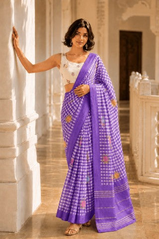 Purple Floral Checked Linen Blend Party Wear Saree