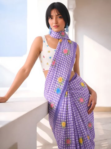 Purple Floral Checked Linen Blend Party Wear Saree
