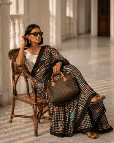 Black Checked Linen Blend Party Wear Saree