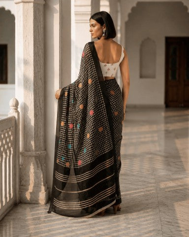 Black Checked Linen Blend Party Wear Saree