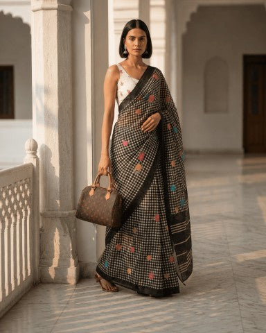 Black Checked Linen Blend Party Wear Saree