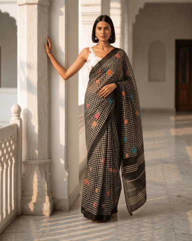 Black Checked Linen Blend Party Wear Saree