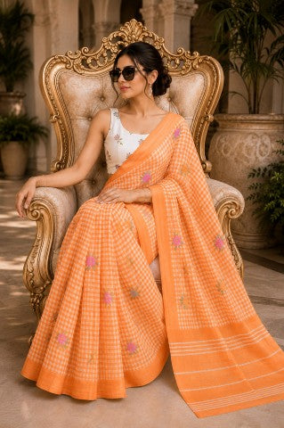 Orange Checked Printed Linen Blend Party Wear Saree