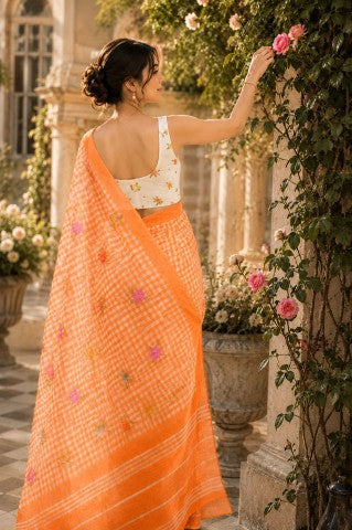 Orange Checked Printed Linen Blend Party Wear Saree