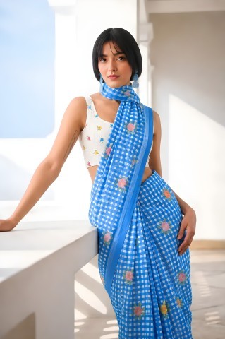 Blue Checked Printed Linen Blend Party Wear Saree