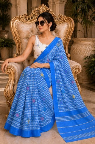 Blue Checked Printed Linen Blend Party Wear Saree