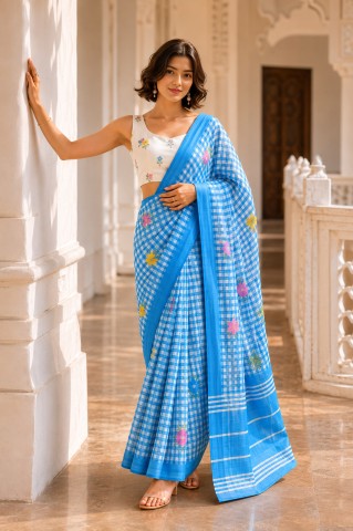 Blue Color Checked Printed Linen Blend Party Wear Saree