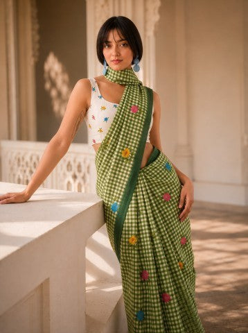 Green Checked Printed Linen Blend Party Wear Saree