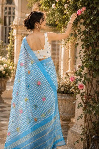 Sky Blue Checked Printed Linen Blend Party Wear Saree