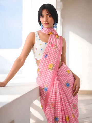 Pink Checked Printed Linen Blend Party Wear Saree