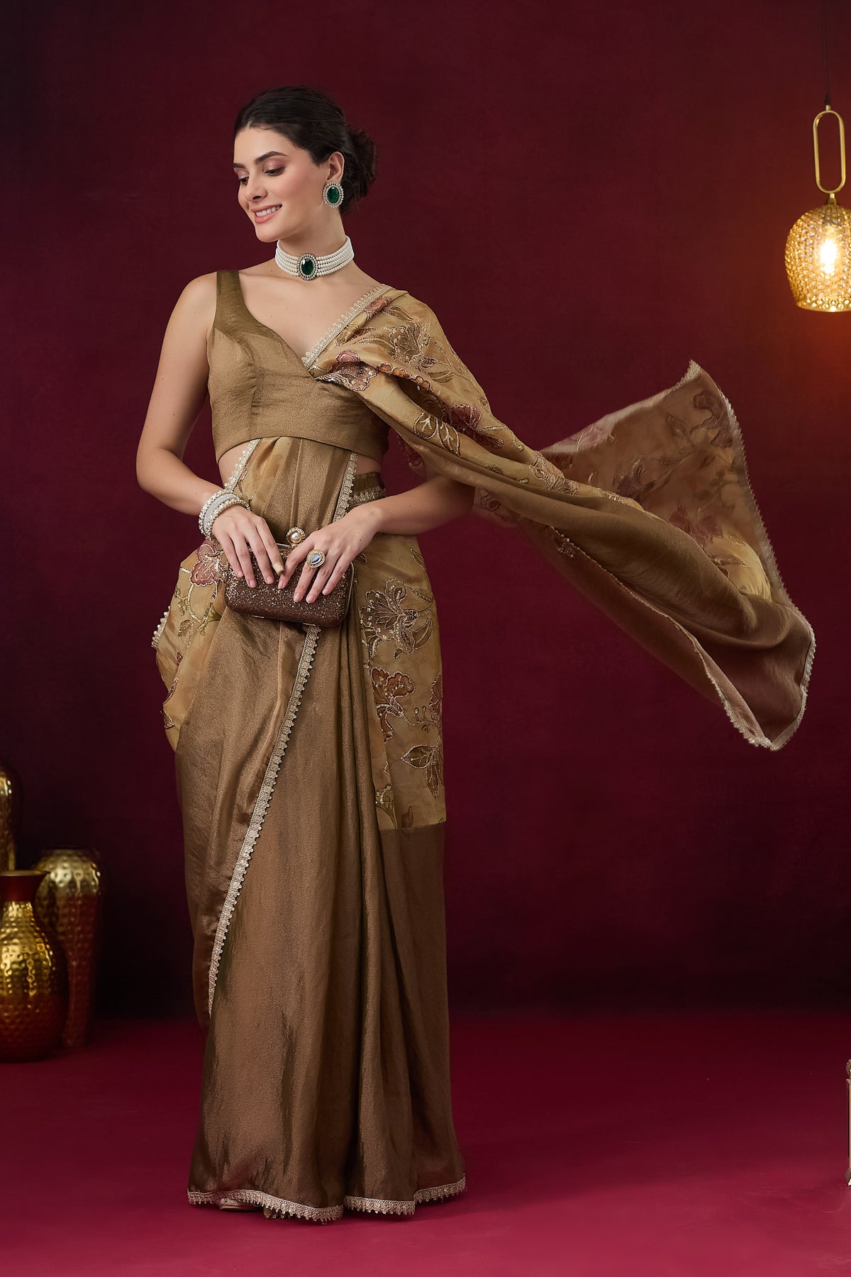 Gold Floral Embroidered Silk Ready to Wear Saree