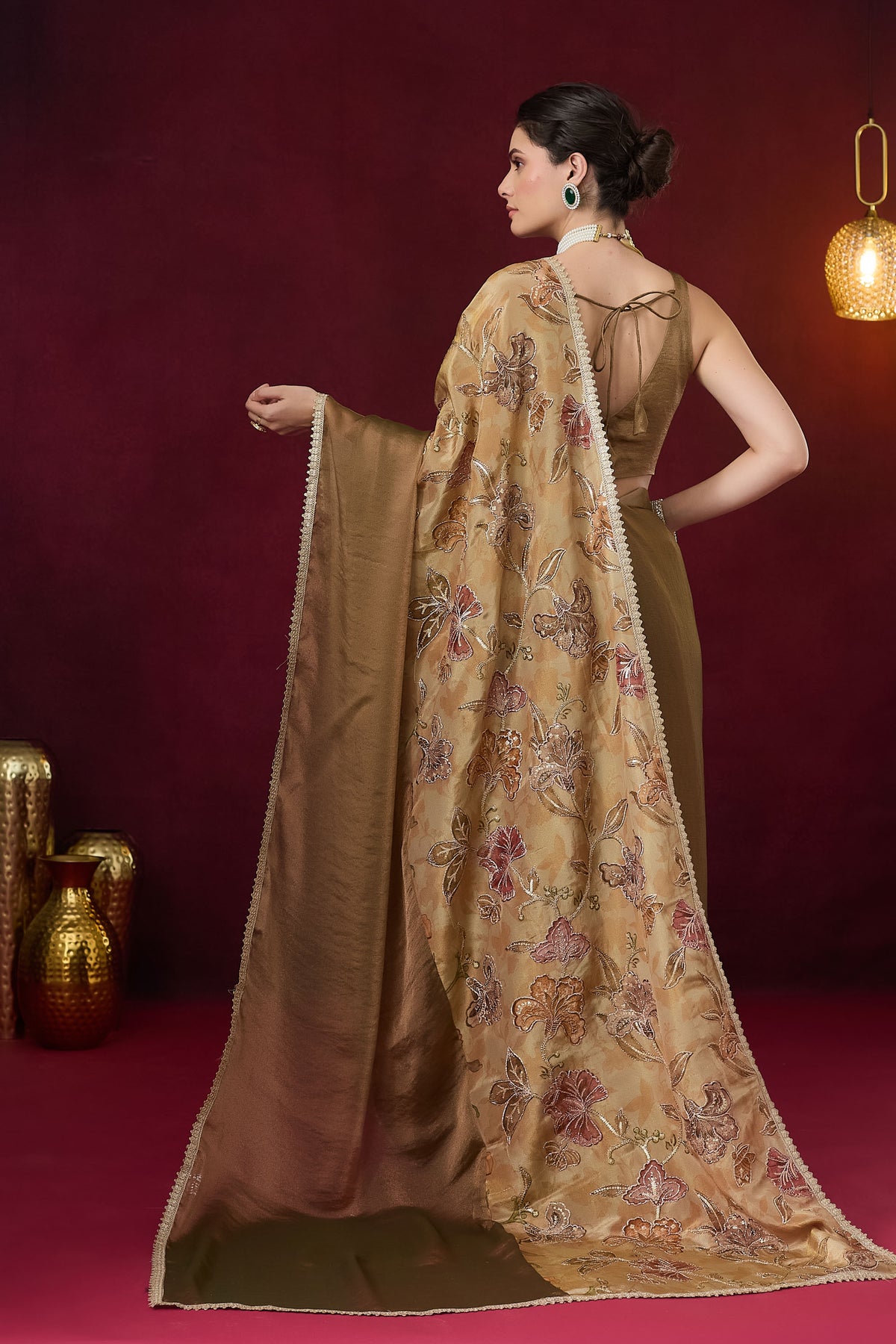 Gold Floral Embroidered Silk Ready to Wear Saree