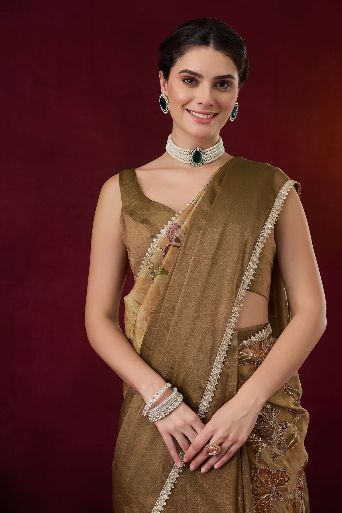 Gold Floral Embroidered Silk Ready to Wear Saree