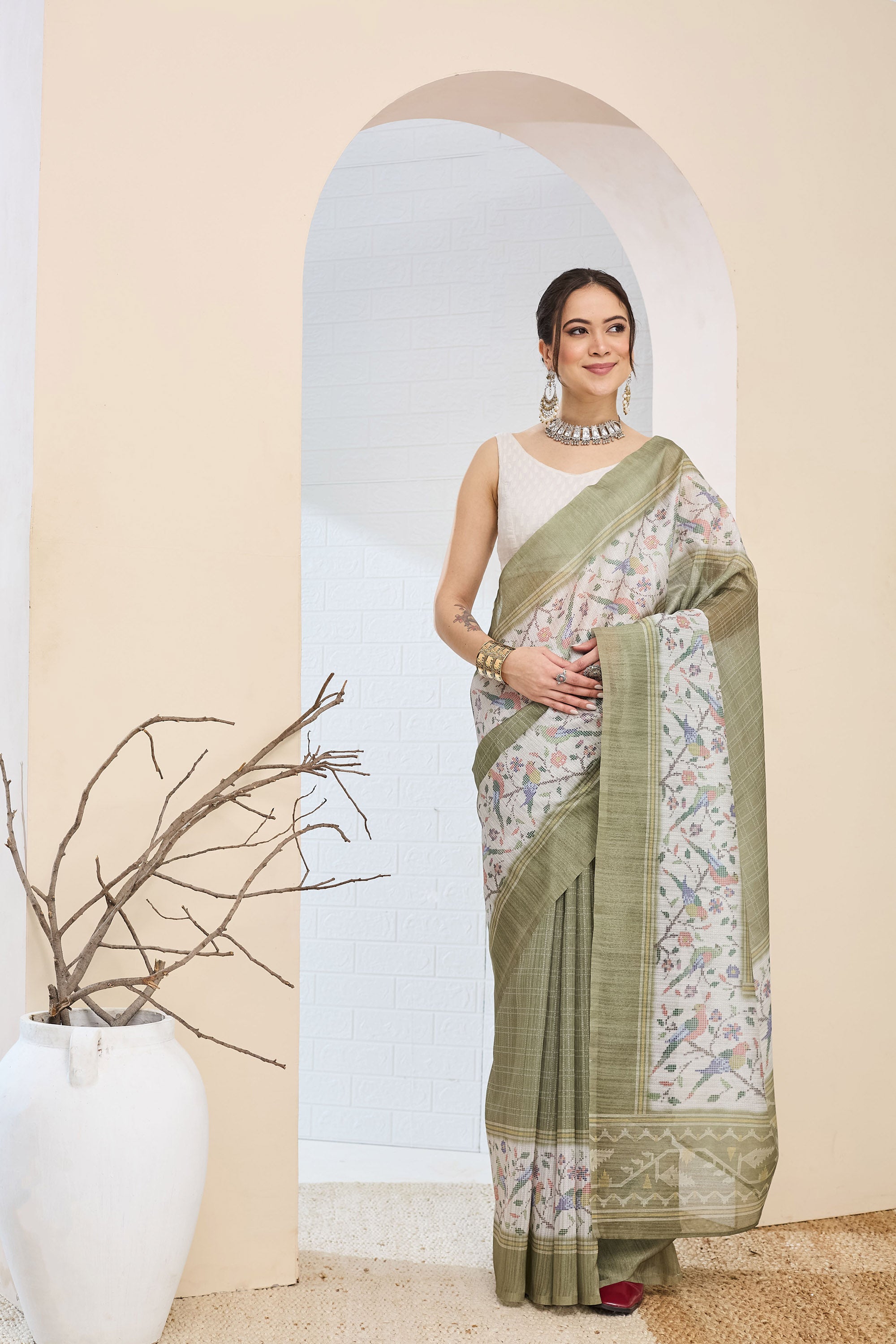 Olive Green Geometric Printed Silk Blend Ready To Wear Saree