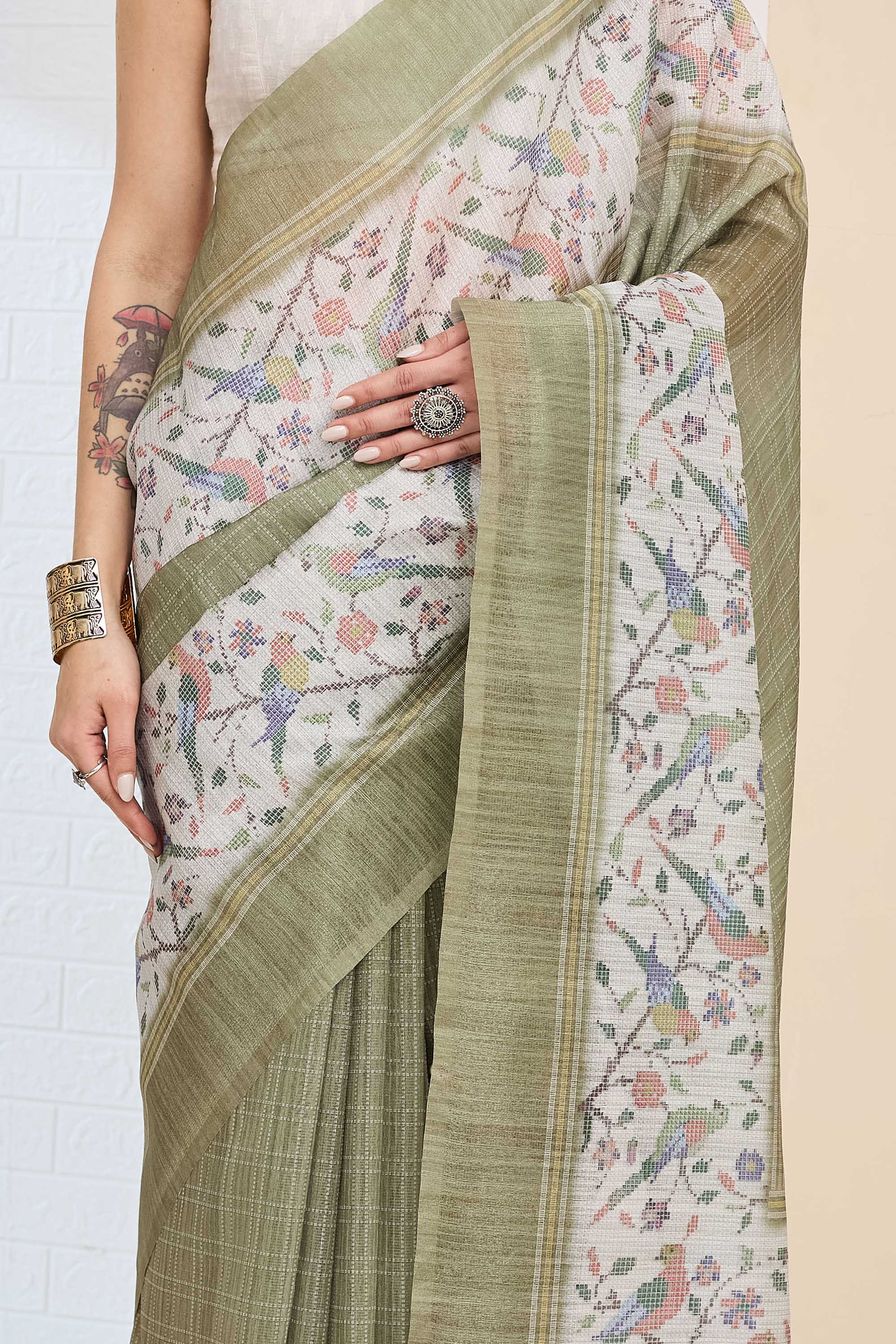 Olive Green Geometric Printed Silk Blend Ready To Wear Saree