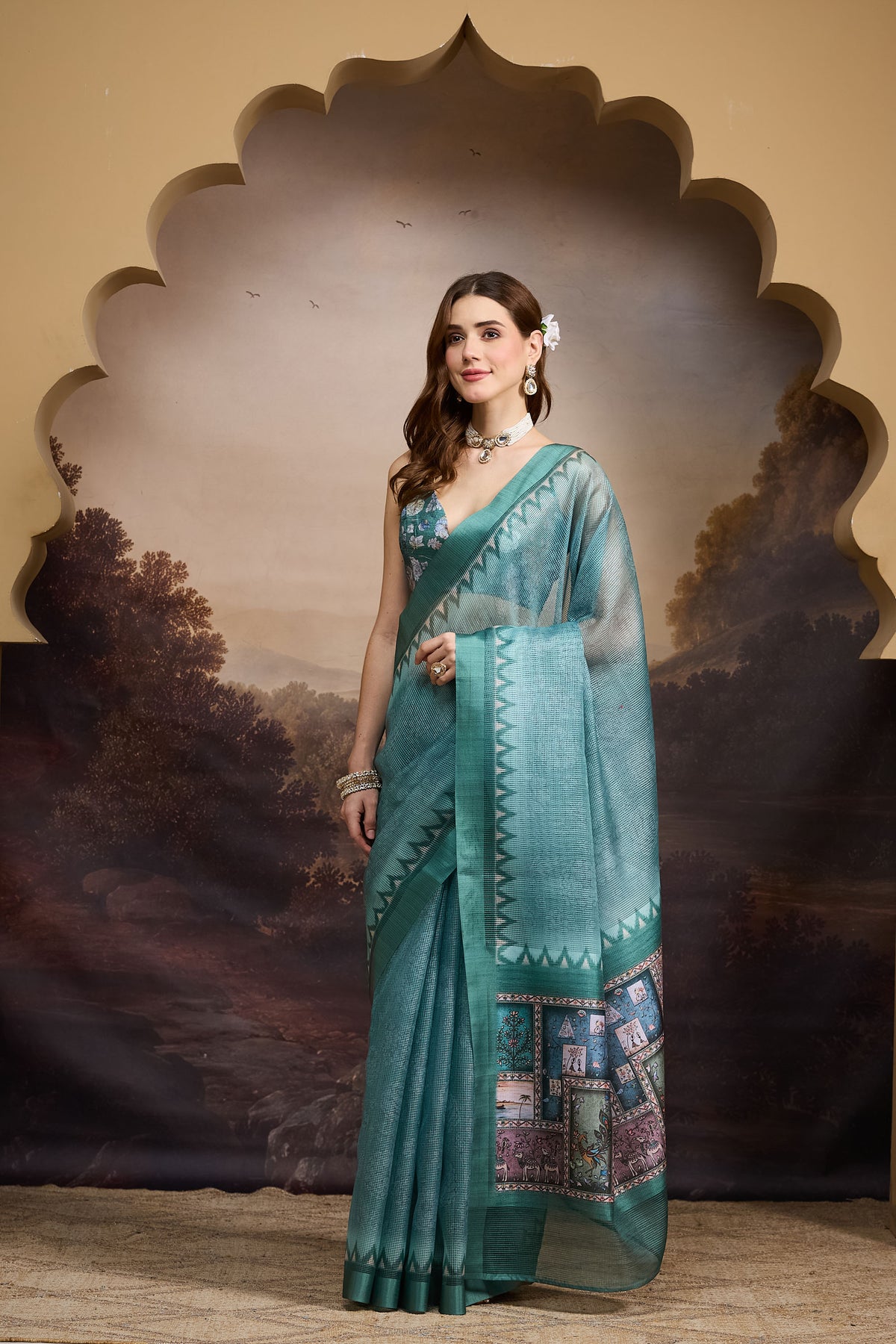 Teal Abstract Printed Silk Blend Party Wear Saree