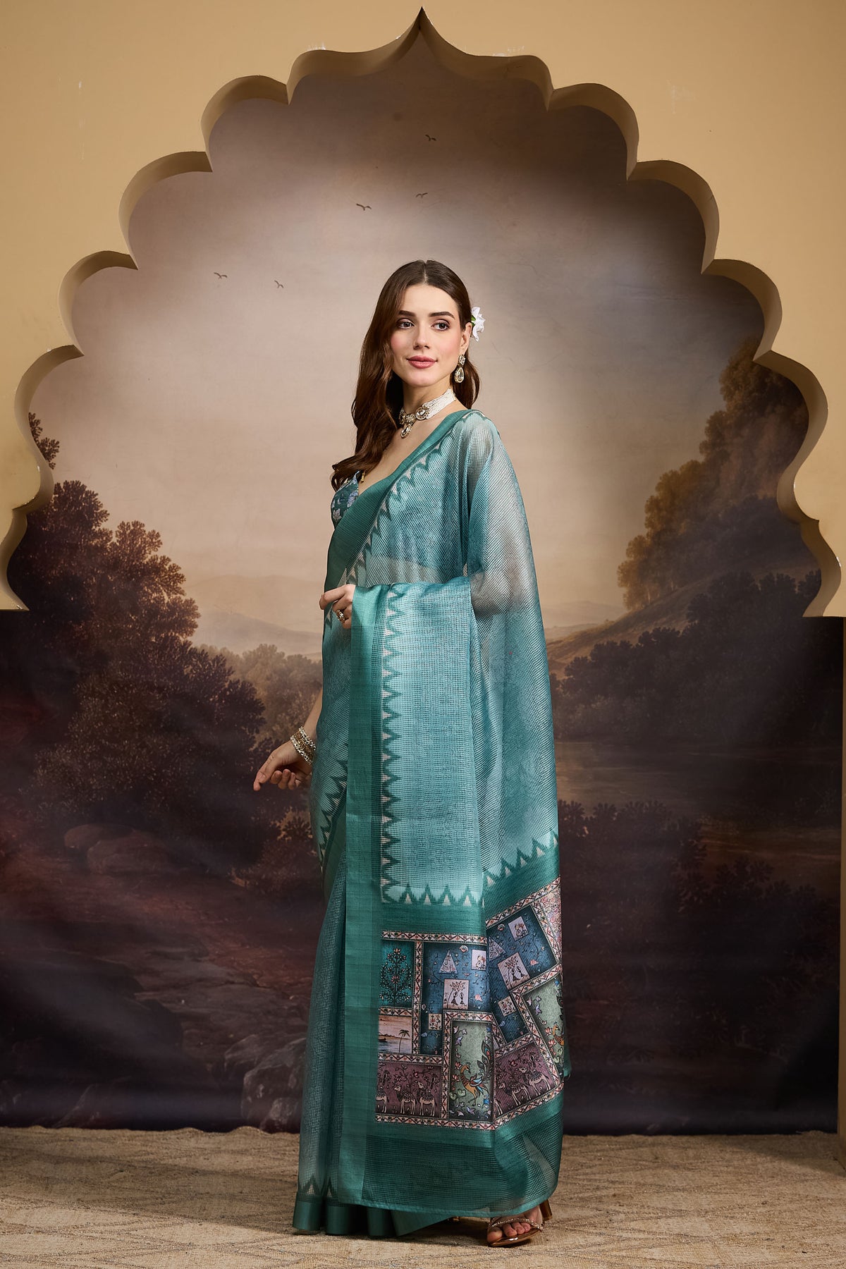 Teal Abstract Printed Silk Blend Party Wear Saree