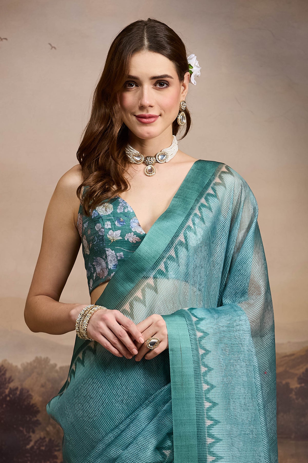 Teal Abstract Printed Silk Blend Party Wear Saree