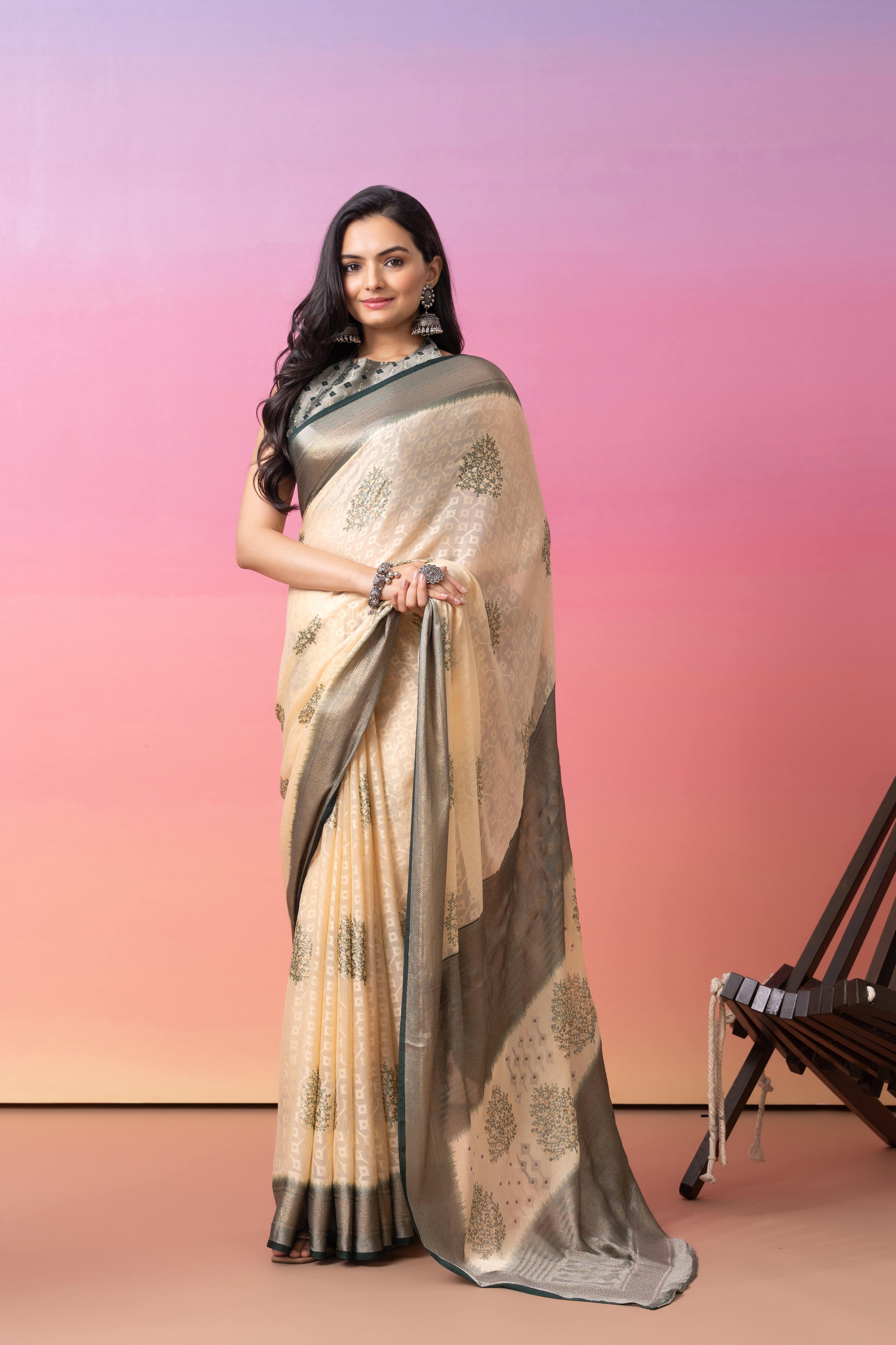 Batik Printed Moss Brasso Saree With Foil Print Border