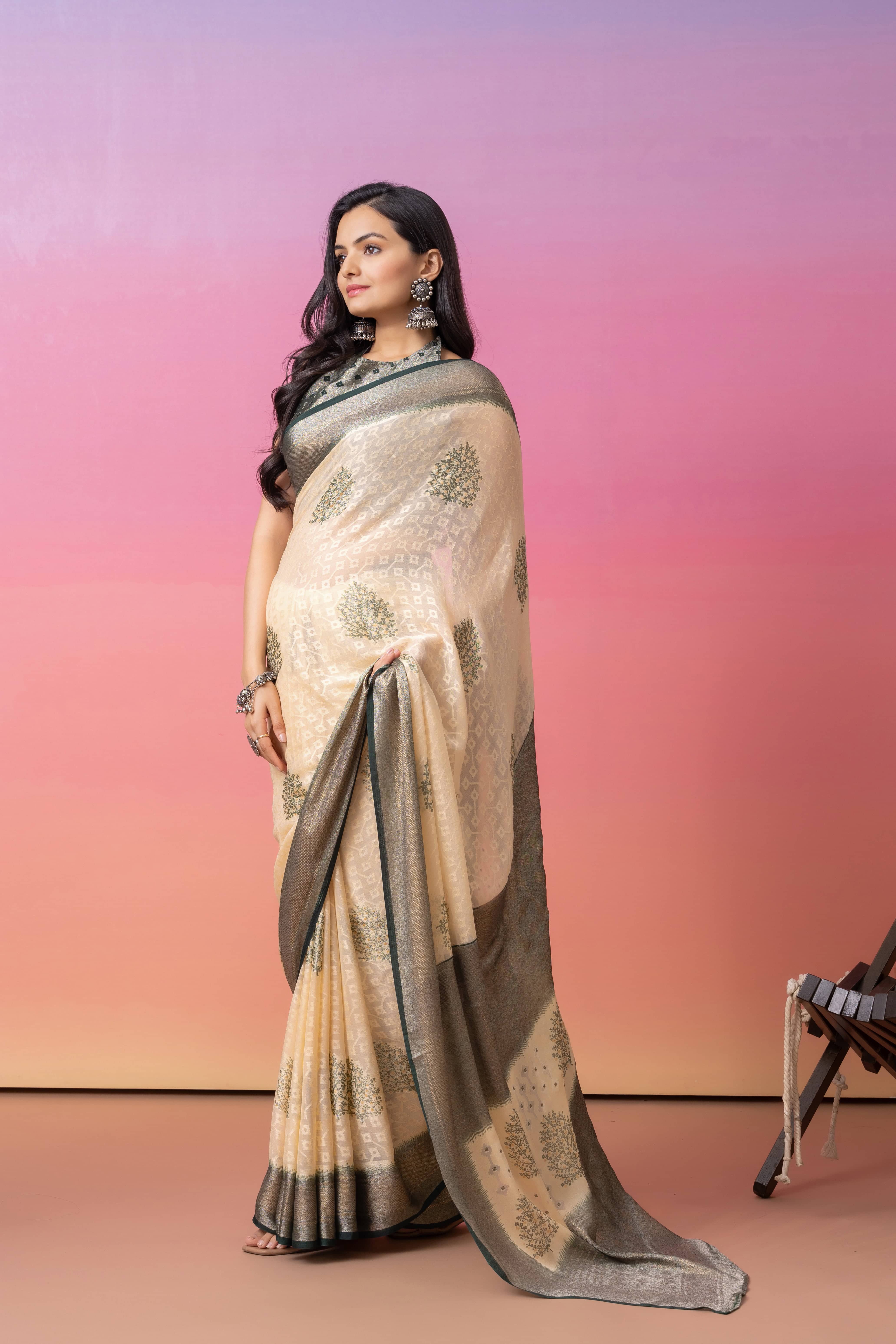 Batik Printed Moss Brasso Saree With Foil Print Border