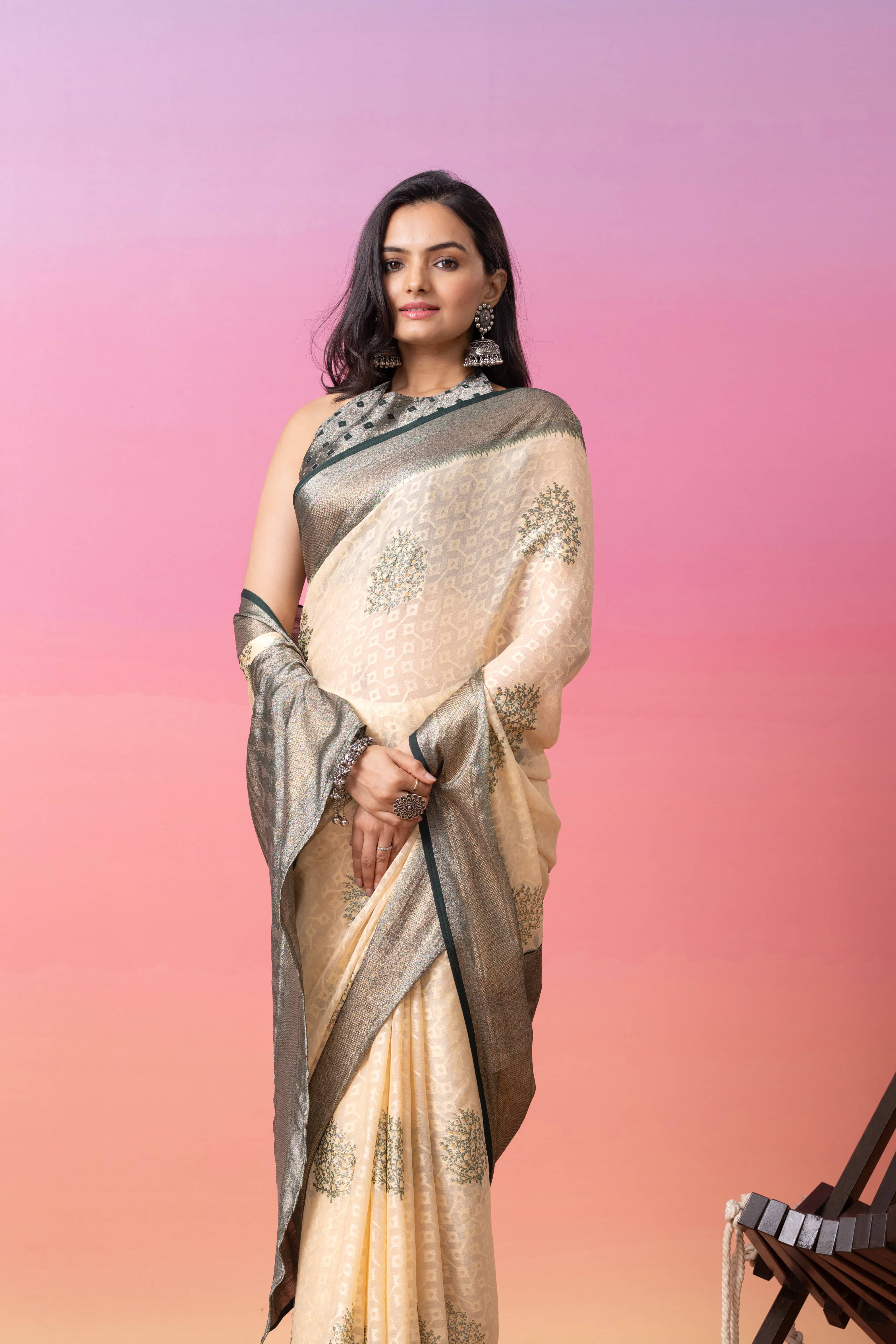 Batik Printed Moss Brasso Saree With Foil Print Border