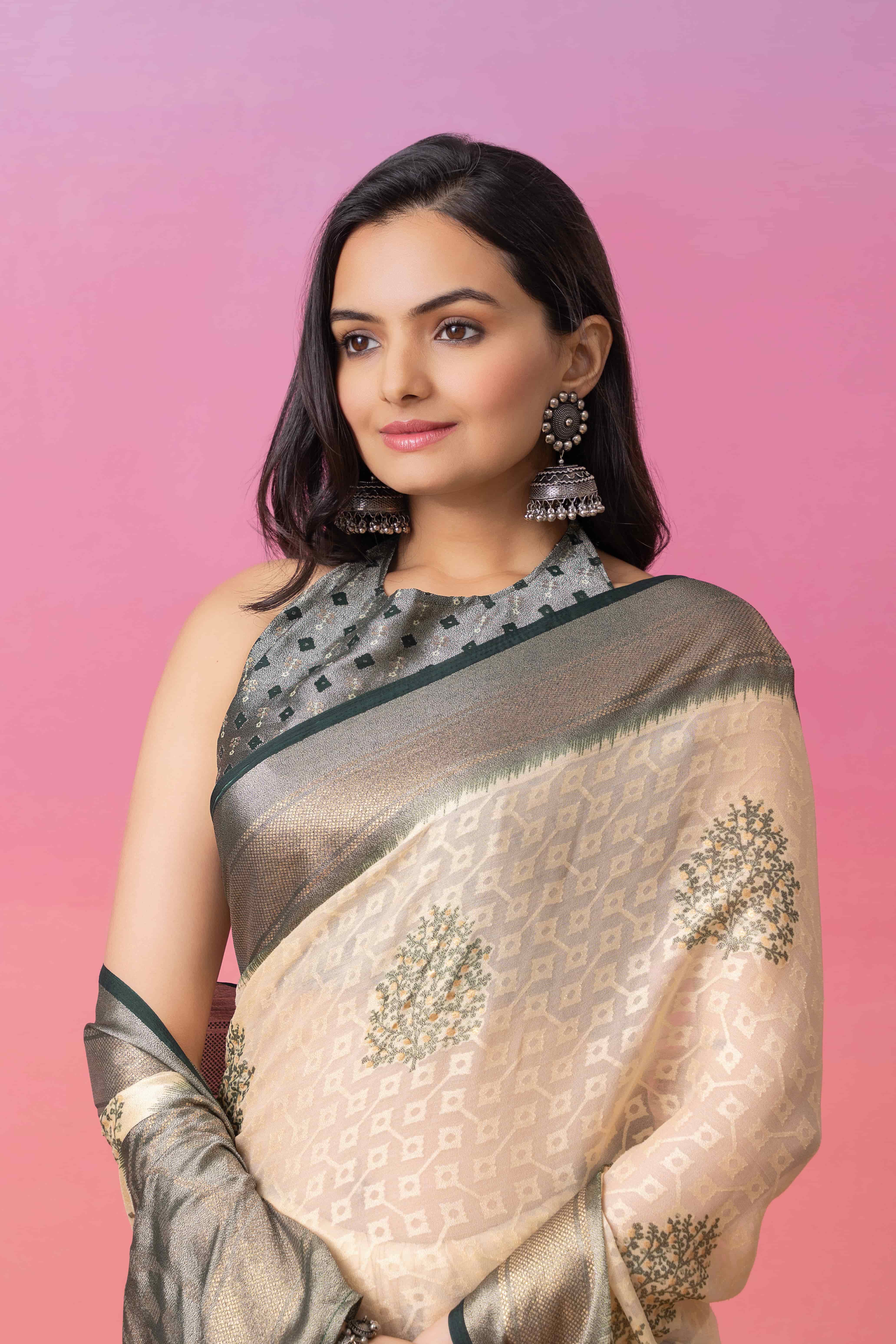 Batik Printed Moss Brasso Saree With Foil Print Border