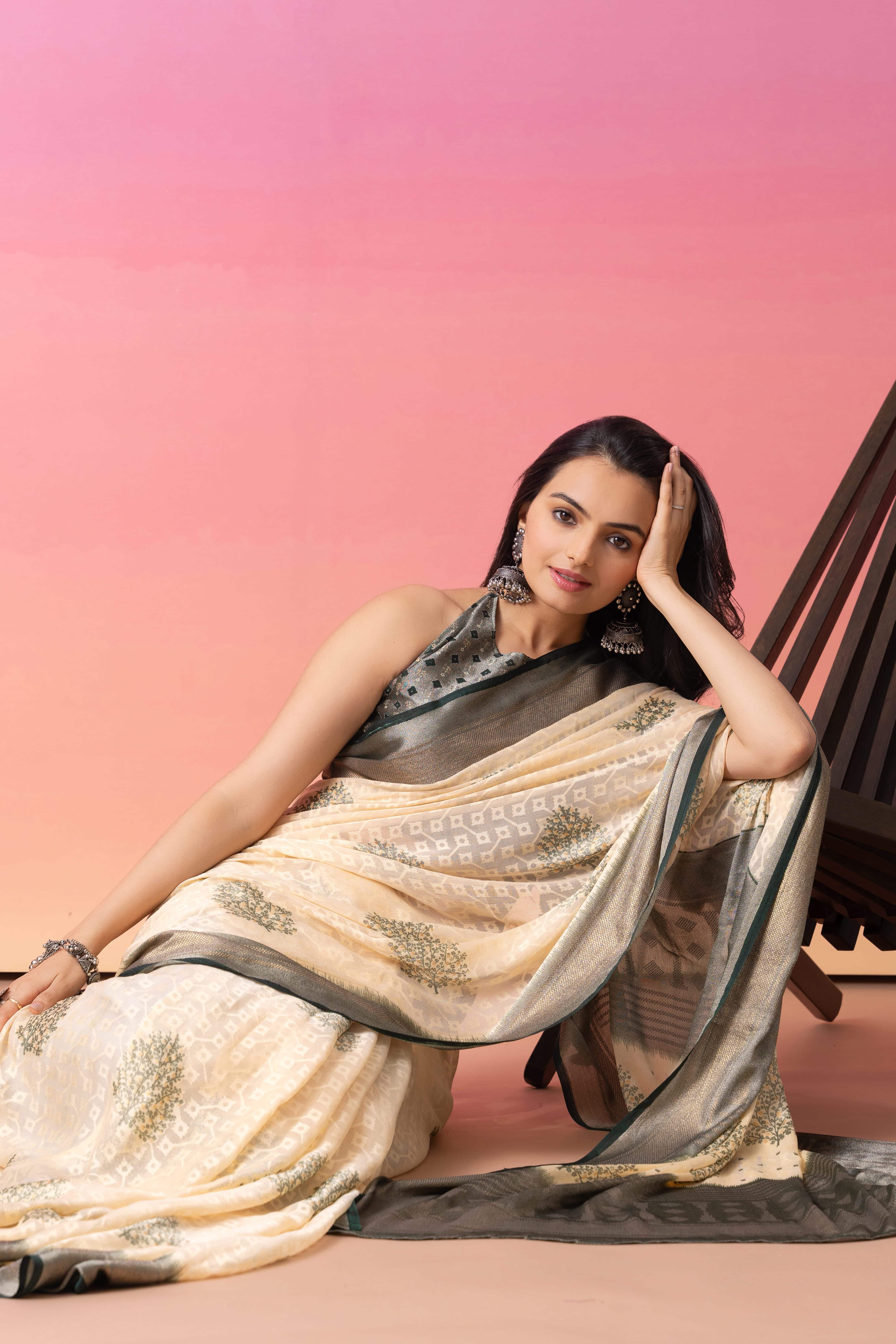 Batik Printed Moss Brasso Saree With Foil Print Border