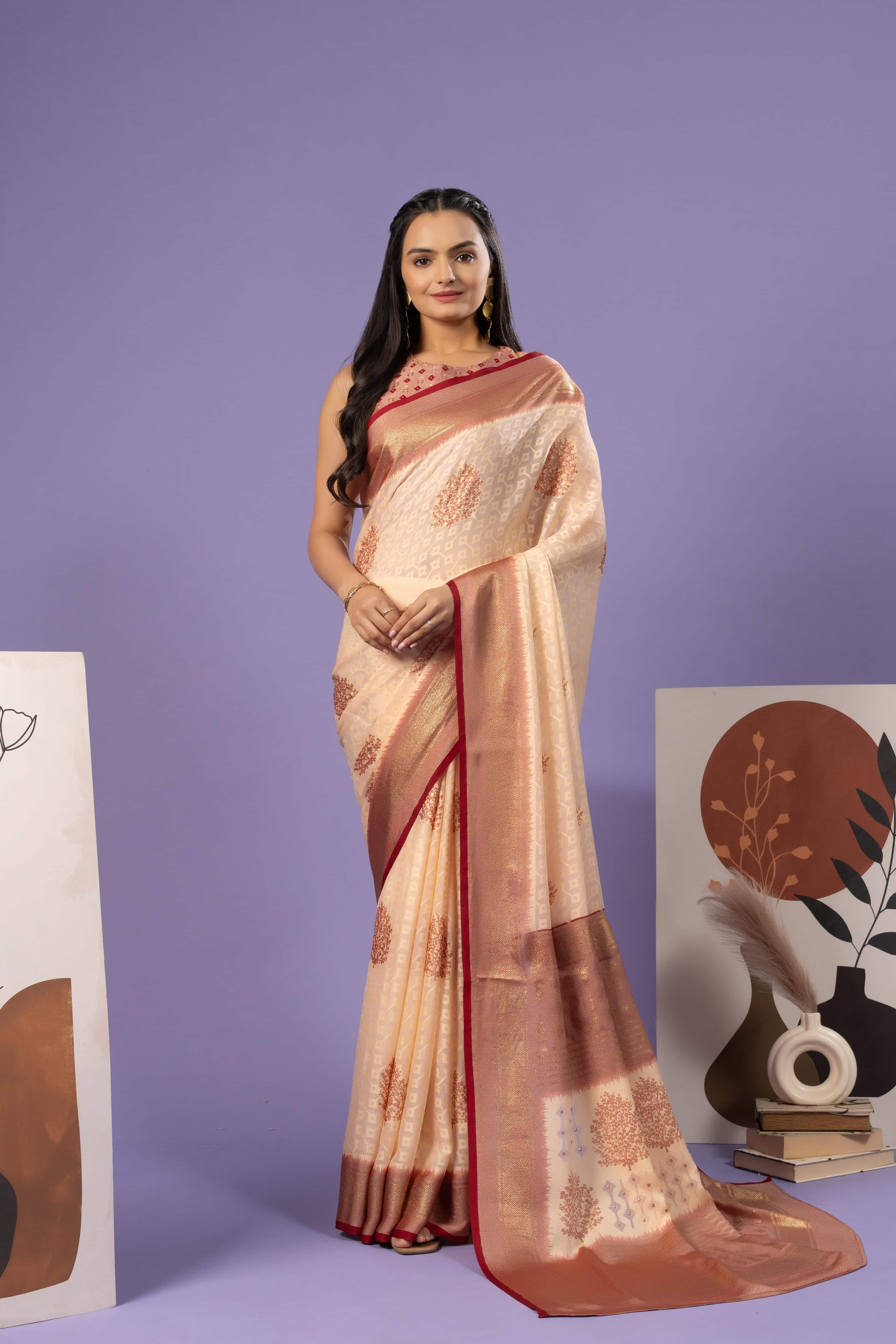 Batik Printed Moss Brasso Saree With Foil Print Border