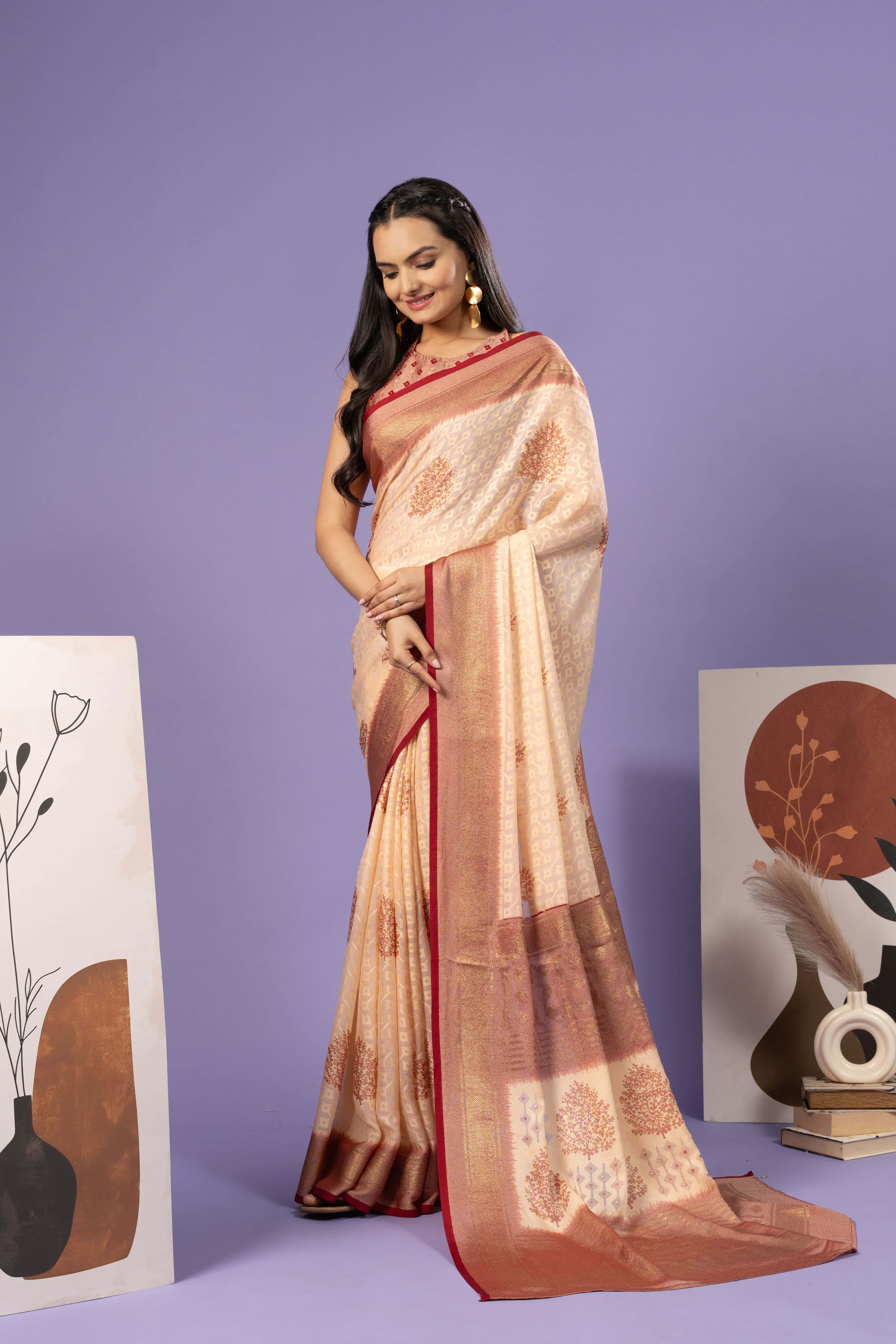Batik Printed Moss Brasso Saree With Foil Print Border