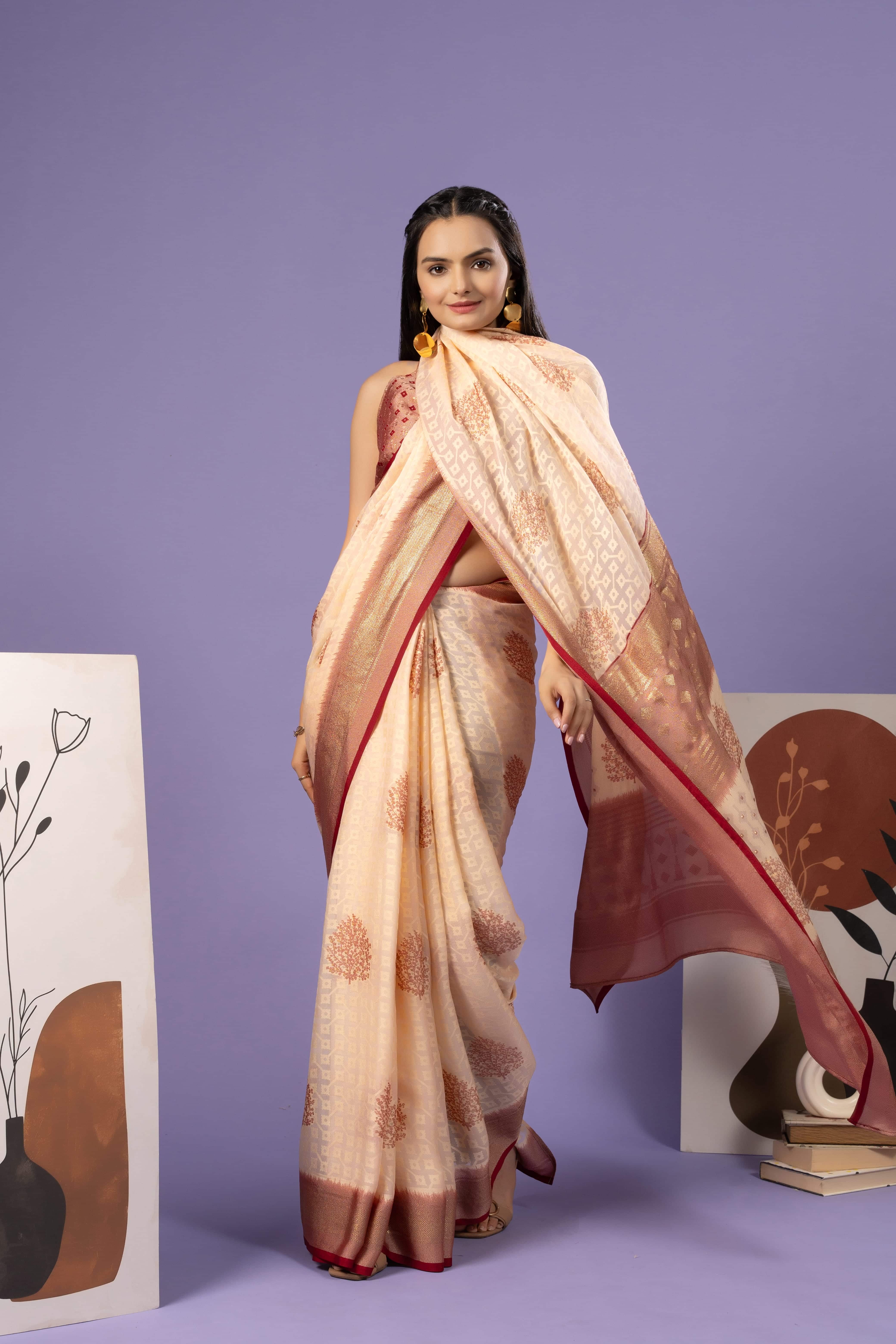 Batik Printed Moss Brasso Saree With Foil Print Border
