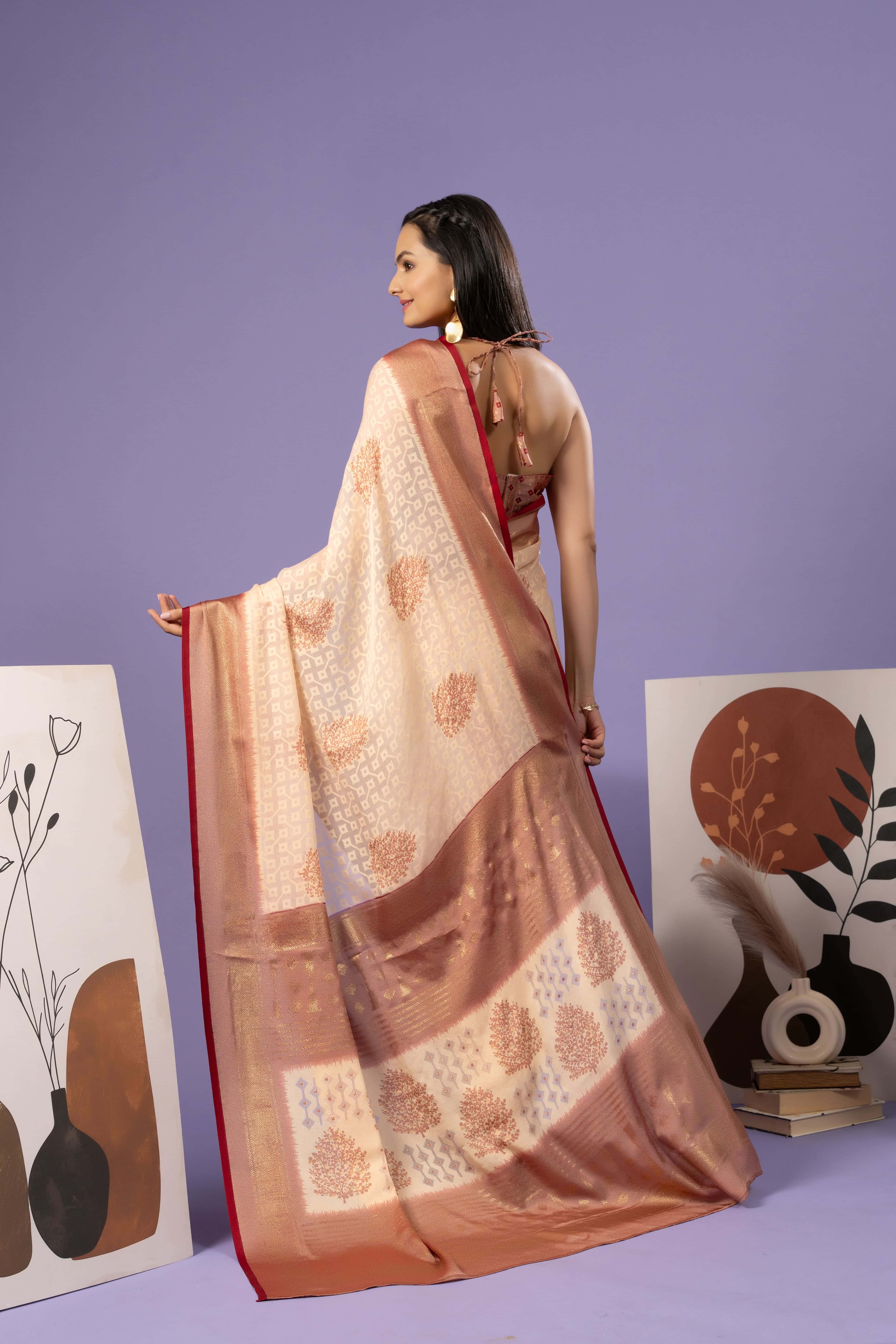 Batik Printed Moss Brasso Saree With Foil Print Border