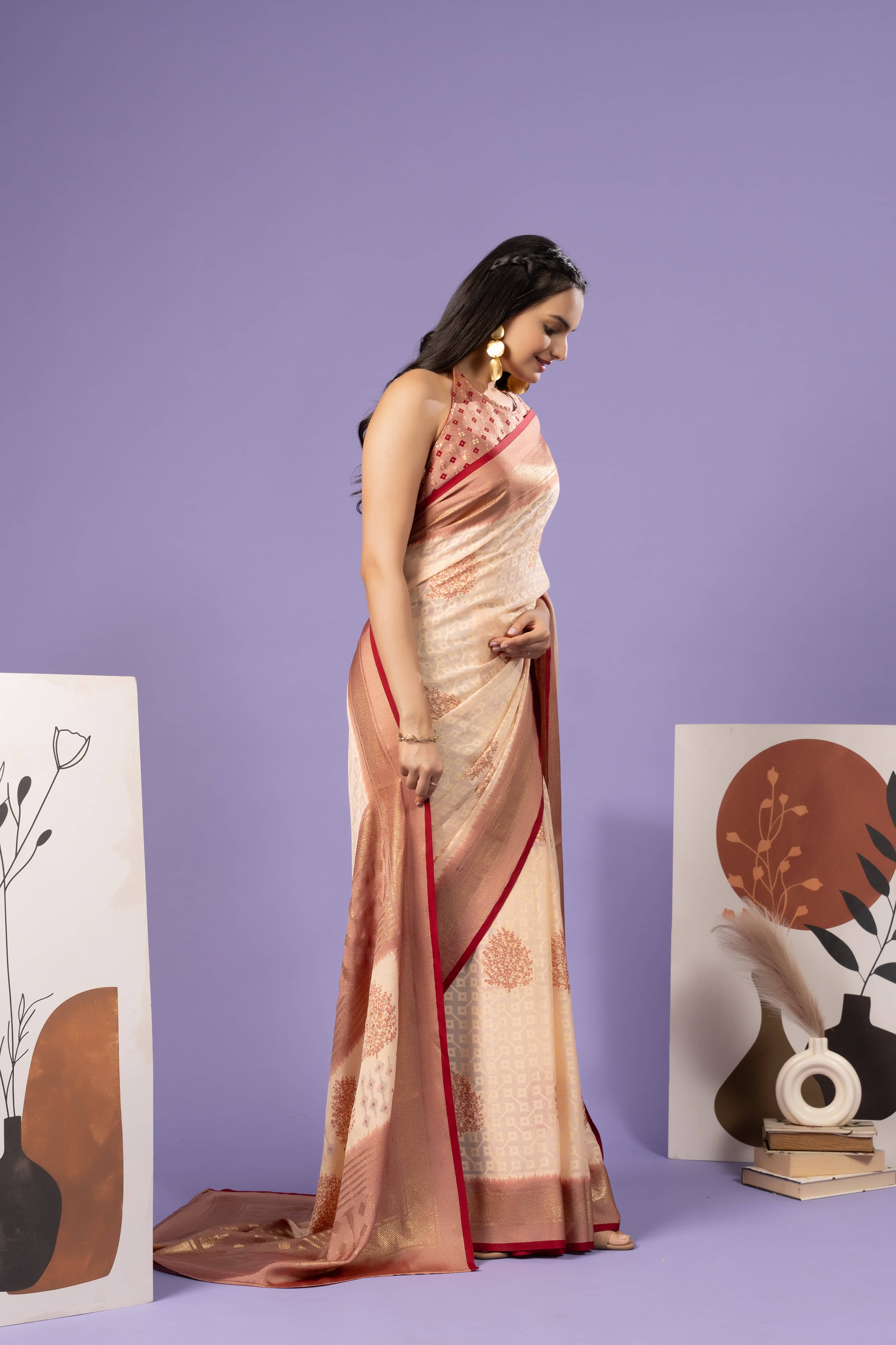 Batik Printed Moss Brasso Saree With Foil Print Border