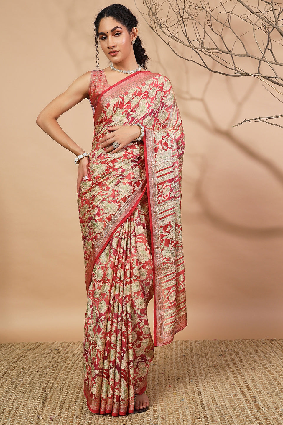 Batik Printed Moss Brasso Saree With Foil Print Border