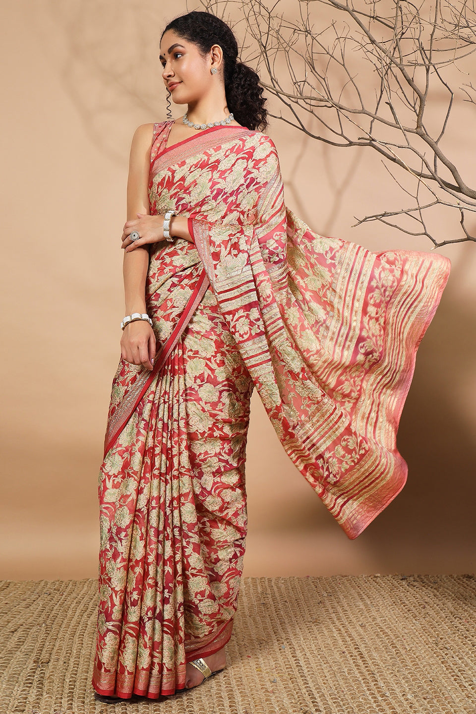 Batik Printed Moss Brasso Saree With Foil Print Border