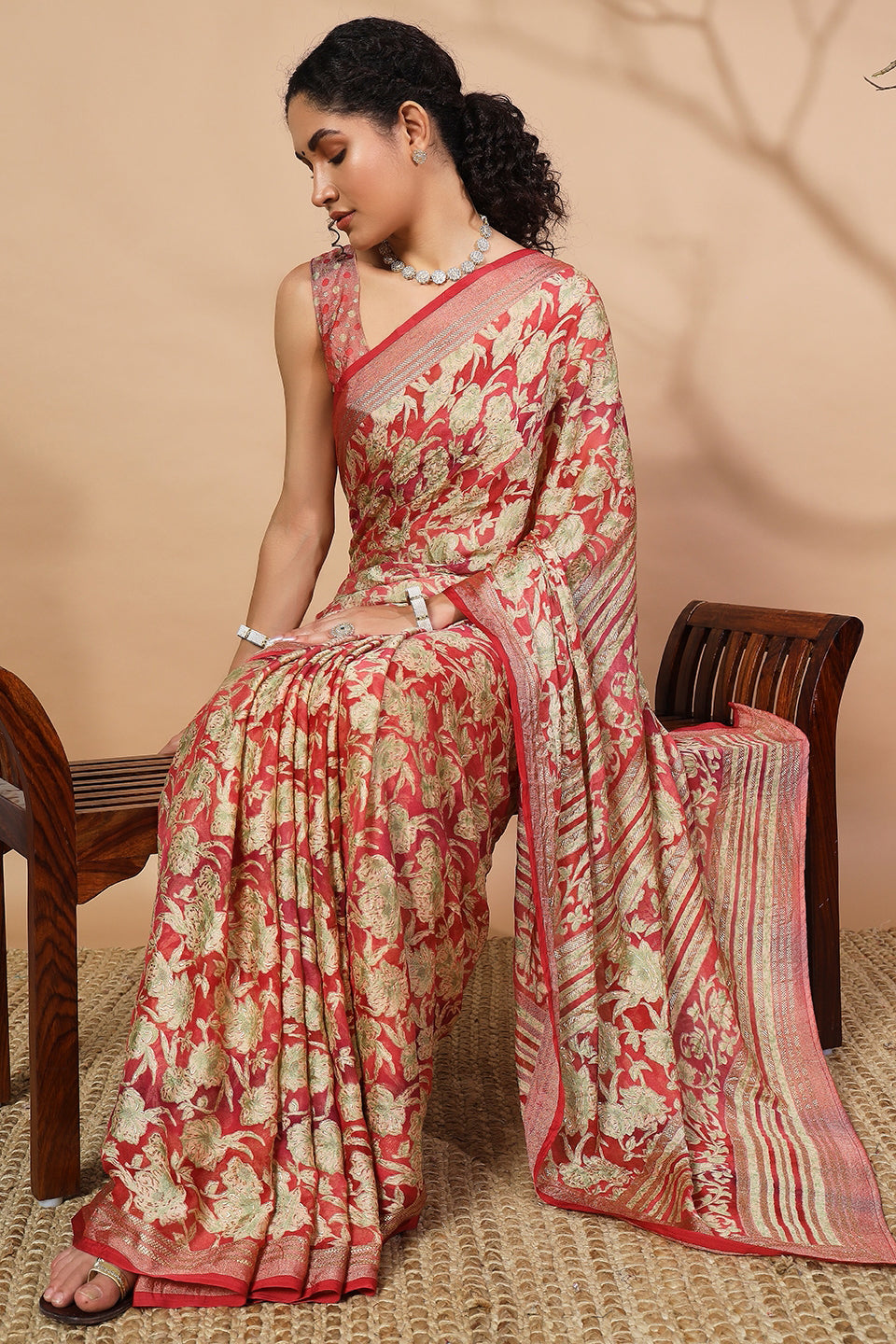 Batik Printed Moss Brasso Saree With Foil Print Border