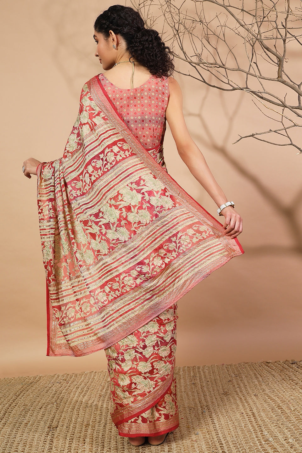 Batik Printed Moss Brasso Saree With Foil Print Border