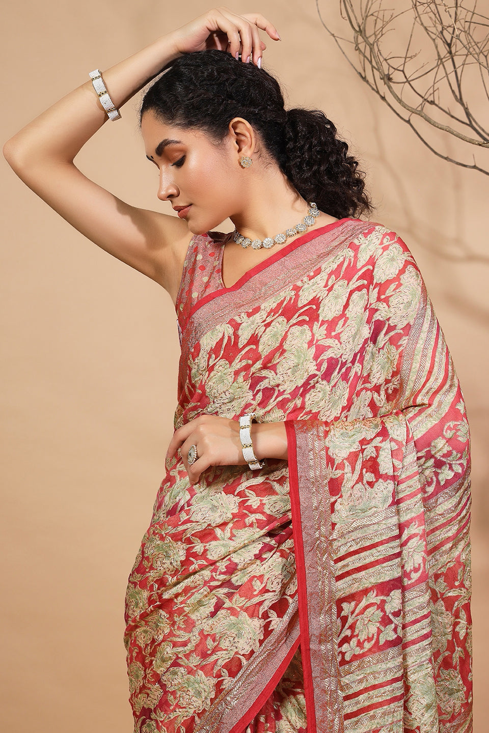 Batik Printed Moss Brasso Saree With Foil Print Border