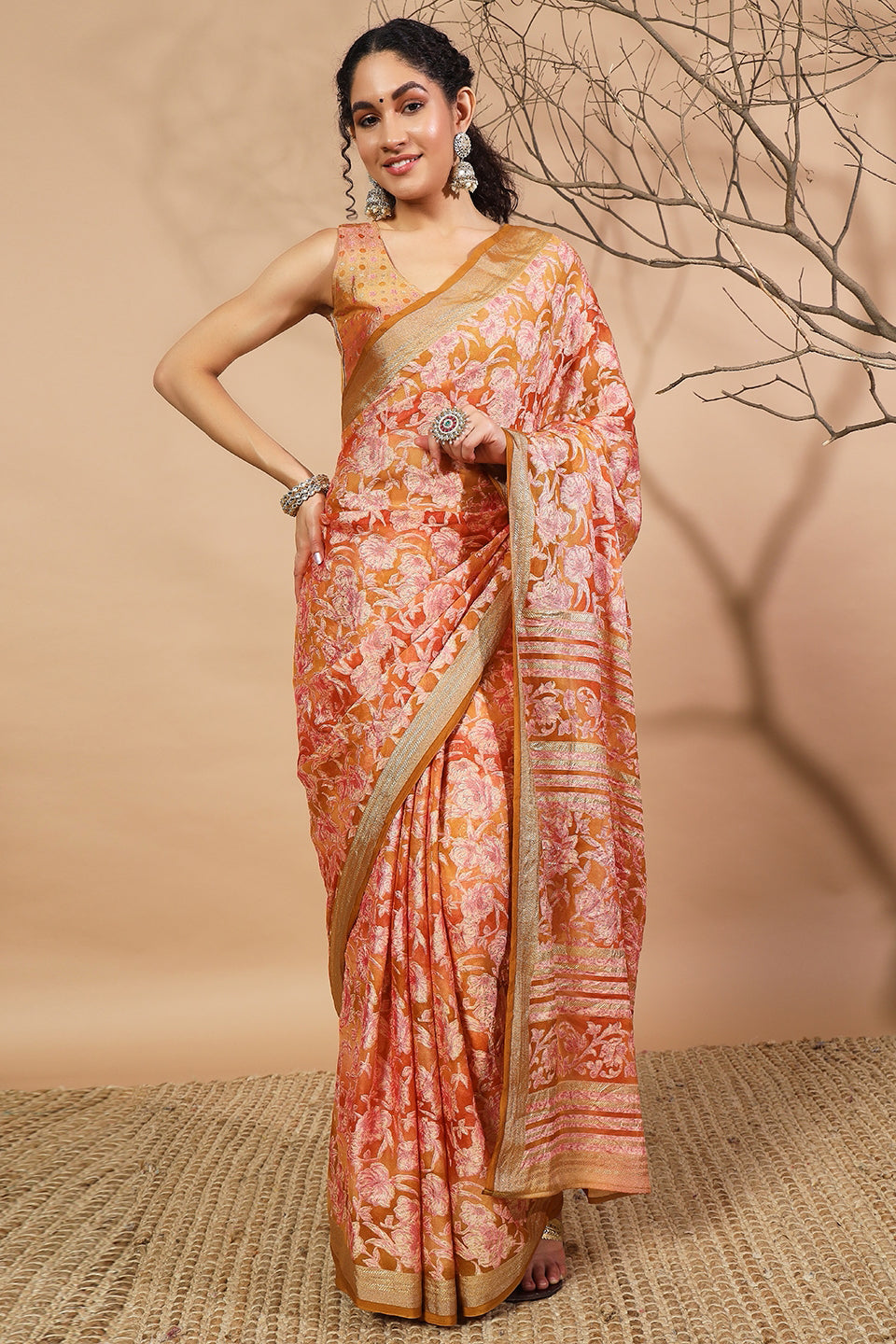 Batik Printed Moss Brasso Saree With Foil Print Border