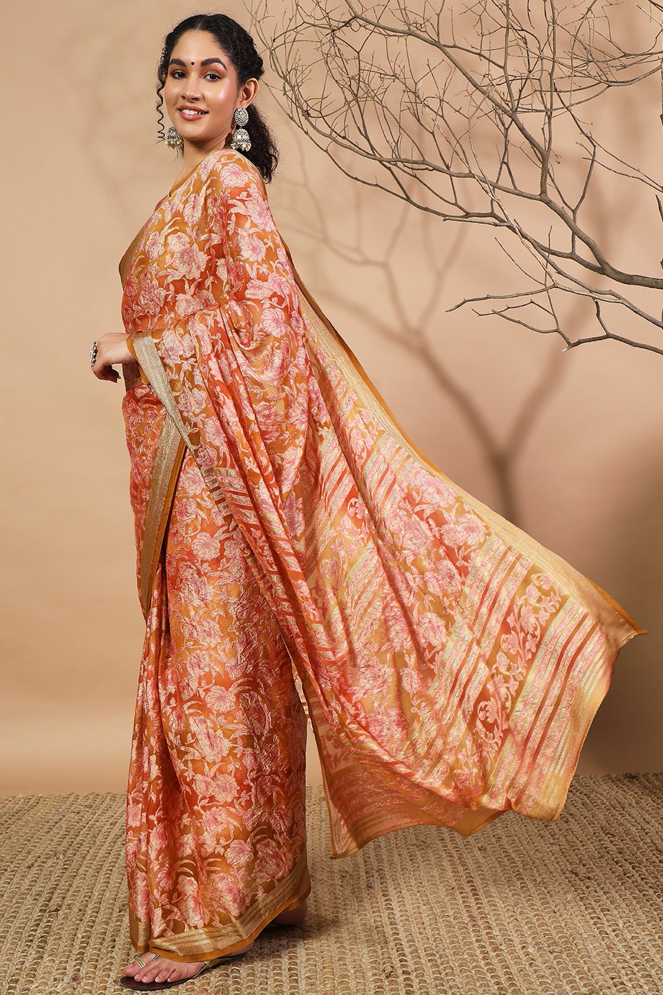 Batik Printed Moss Brasso Saree With Foil Print Border
