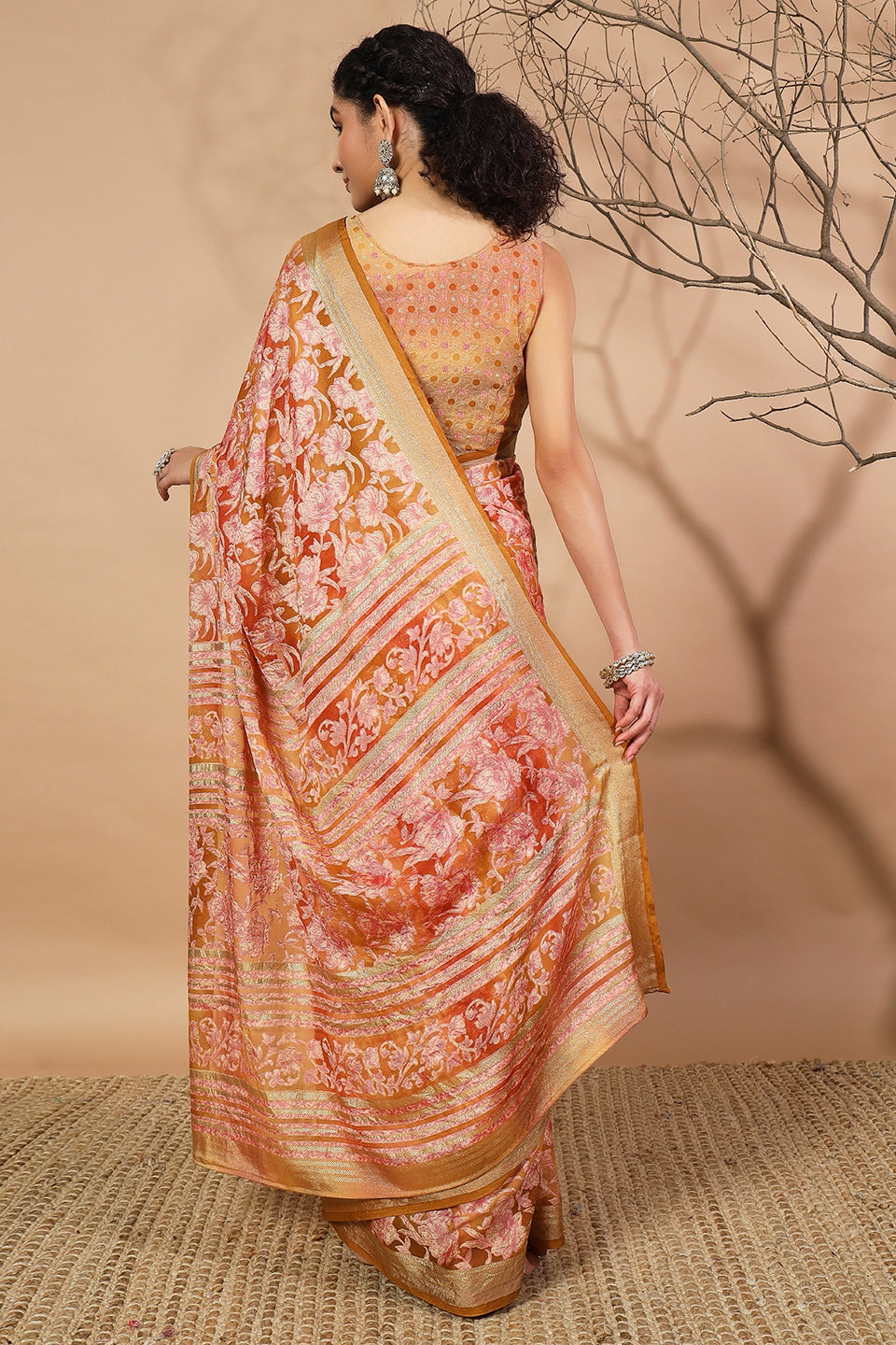 Batik Printed Moss Brasso Saree With Foil Print Border