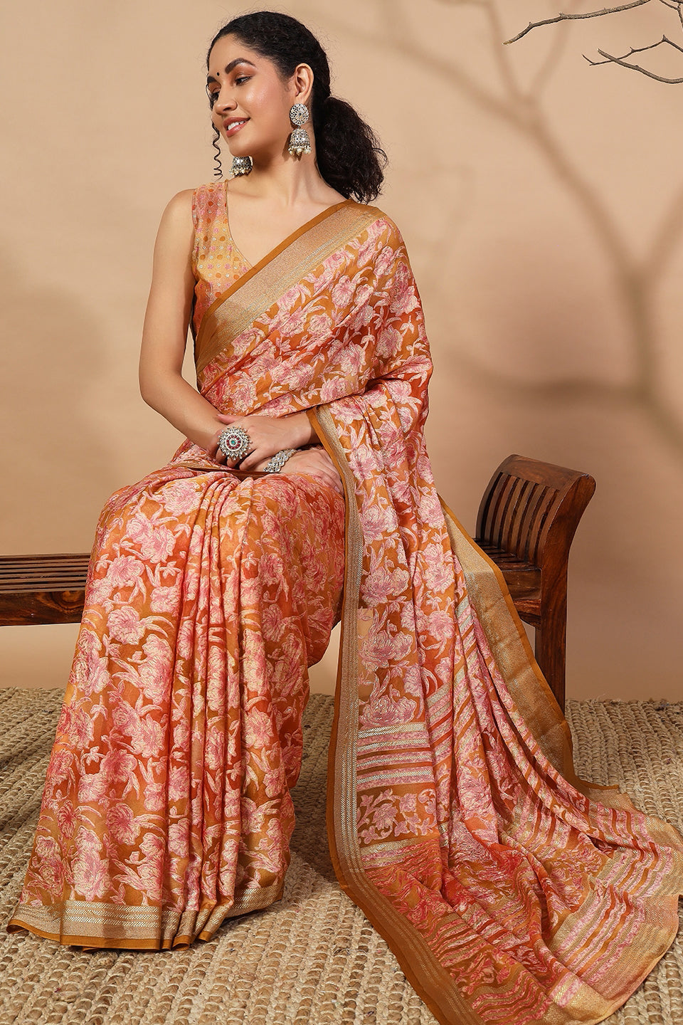 Batik Printed Moss Brasso Saree With Foil Print Border