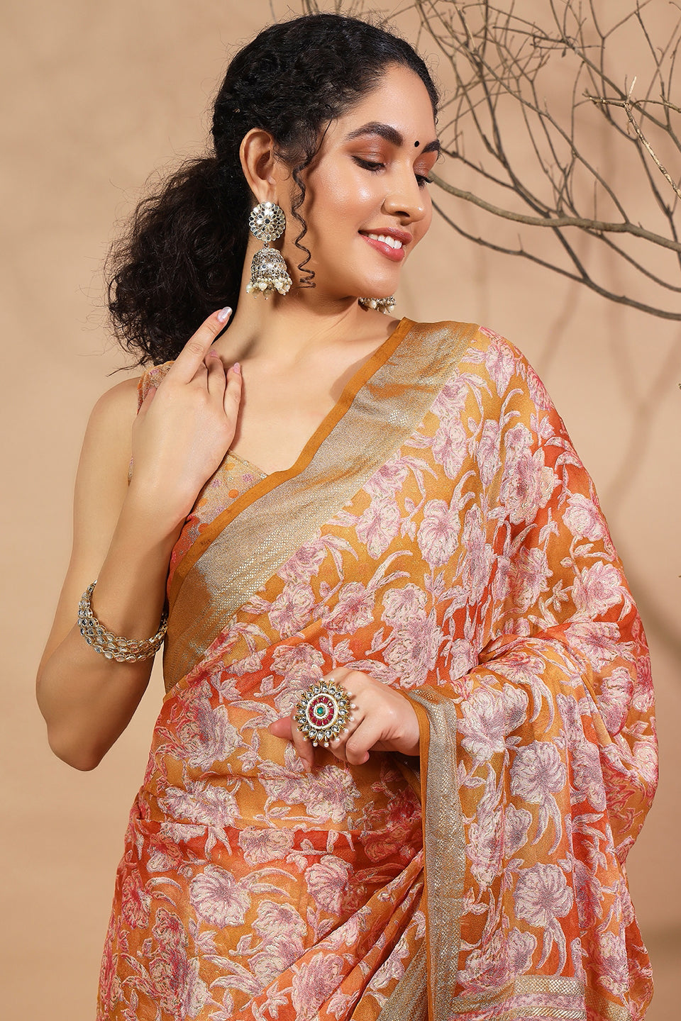 Batik Printed Moss Brasso Saree With Foil Print Border